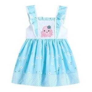 Girls Octopus Ruffle Dress - Size 6/6X Youth Blue & White Cotton
